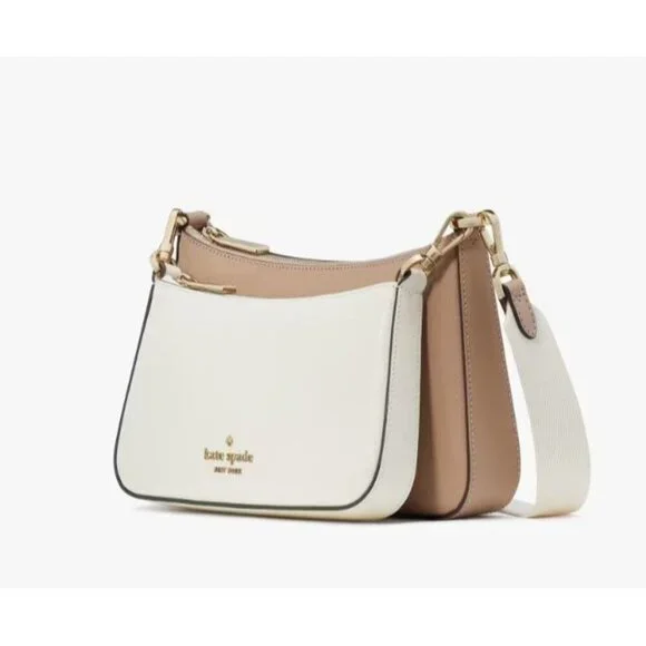 Kate Spade Womens Tan Ivory Saffiano Duet Leather Small Crossbody Handbags New